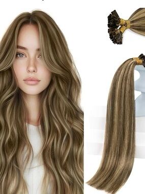 Sunny Hair 14” K Tip Human Hair Extensions #P4/27 Med Brown Caramel Blonde 50g
